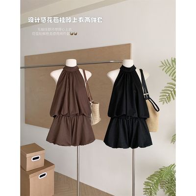 板栗可可Bankelili'电台小猫'jennie同款花苞挂脖背心短裤套装夏