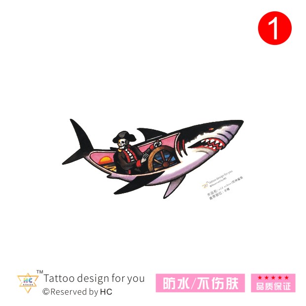 原创手绘小鲨鱼old school纹身贴死神大白鲨复古男女防水暗黑黑白