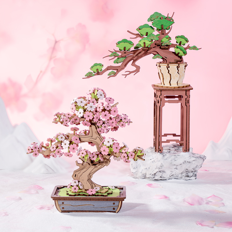 若来造物集花盆景观积木3d立体拼图木质松树手工创意家居摆件模型