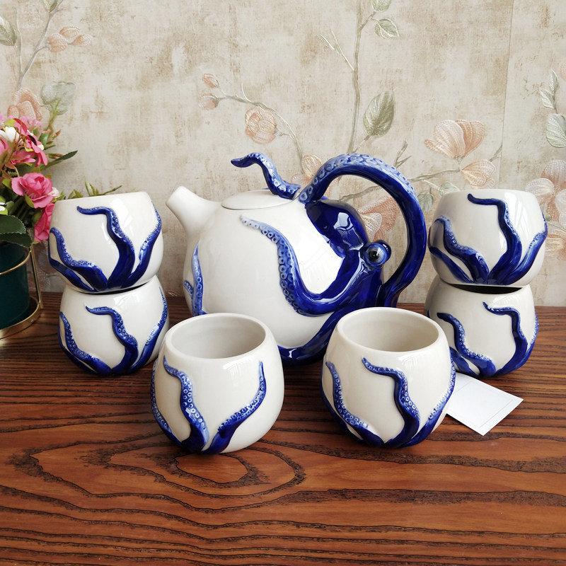 blue sky布鲁瓷纯手绘陶瓷蓝色章鱼茶具套装功夫茶杯茶壶家用泡茶