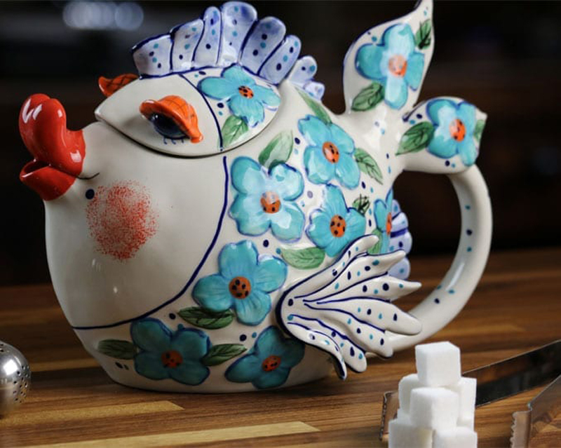 Bluesky布鲁瓷陶瓷花花鱼茶壶