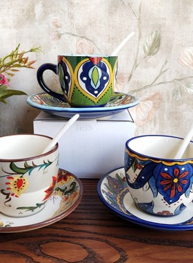包邮出口优品美国TTU经典波西米亚咖啡杯碟绿色花朵杯碟蓝色杯碟