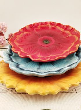 包邮包破损美国品牌Certified手绘陶瓷红色罂栗花餐盘太阳花果盘