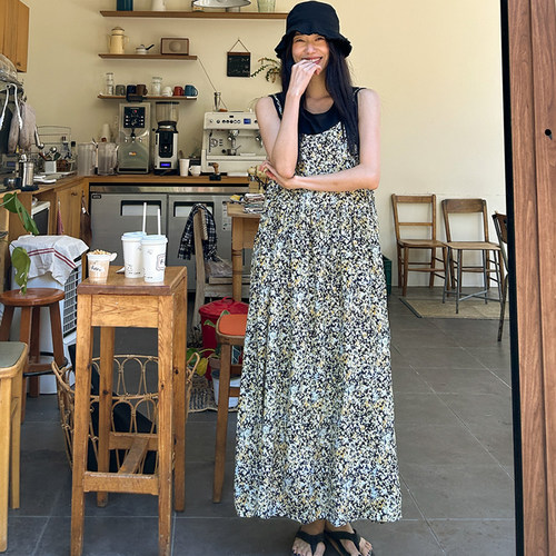 SYLP穗伊 复古舒适凉爽叠穿宽松A型背带无袖碎花吊带长裙连衣裙子