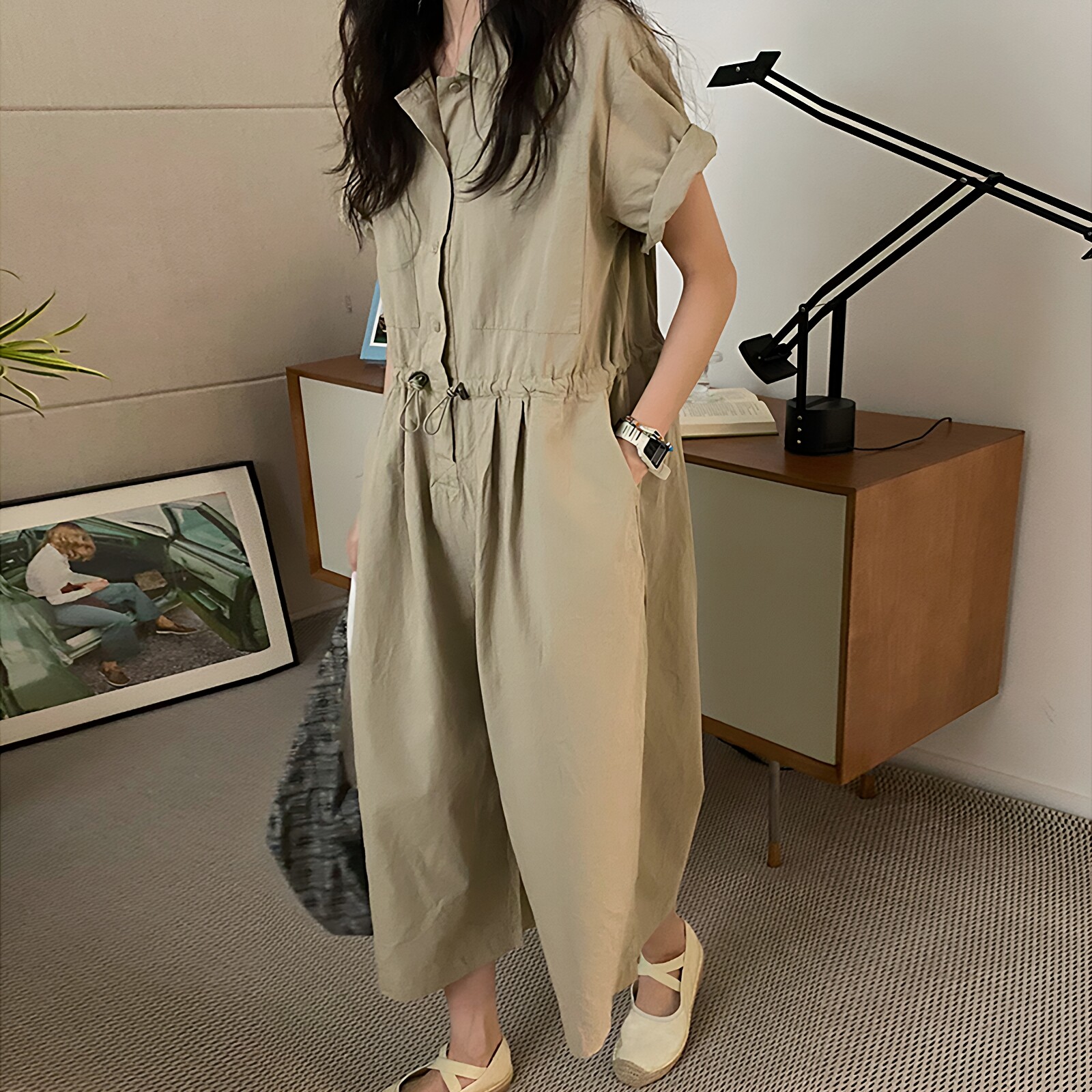 SYLP穗伊 连衣裤女夏新款短袖工装抽褶宽松显瘦9分阔腿休闲长裤子