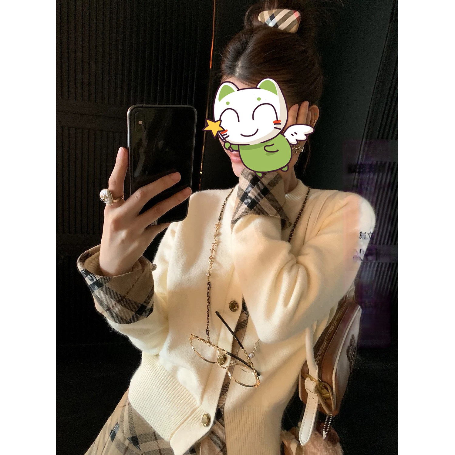 NEONLIEON奶咖学院 米白拼接假两件毛衣开衫卡其格子半身裙套装