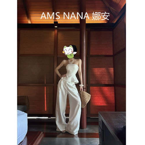 气质抹胸上衣阔腿裤度假风套装女2026夏季新款两件套AMS NANA娜安