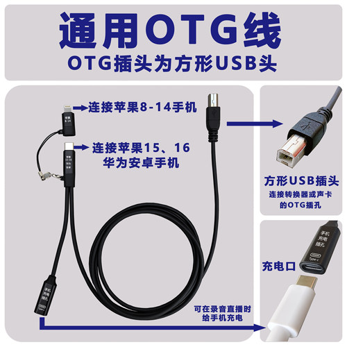 苹果安卓华为通用USB方口OTG充电TypeB声卡内录直播线AD2R转换器