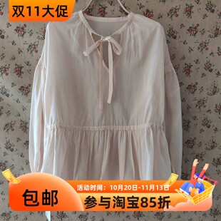 自然元素专柜蝴蝶结系带衬衫女压褶蕾丝边气质小衫宽松上衣ASC03