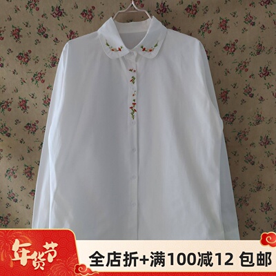 纯棉文艺风刺绣花朵娃娃领白衬衫