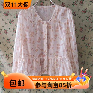 专柜温柔浪漫风碎花衬衫女荷叶边袖粉色显瘦百搭上衣ASC02