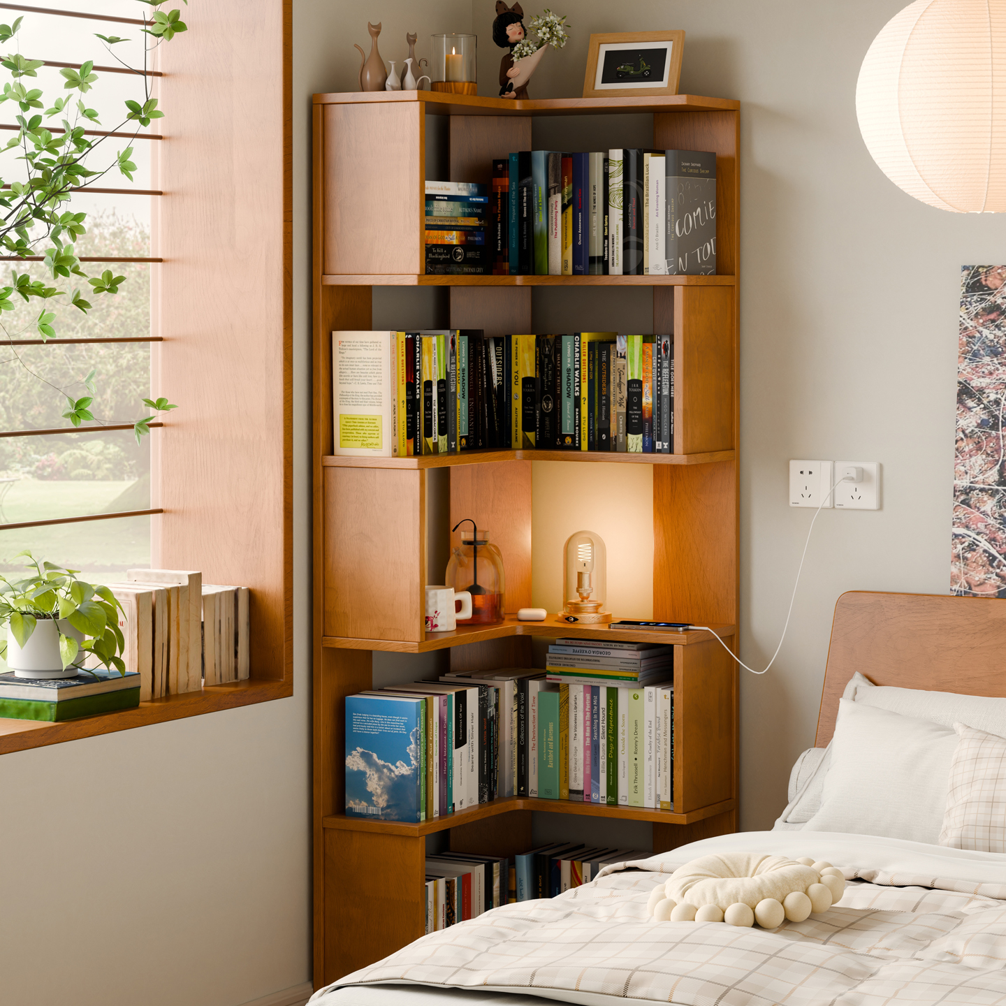 实木转角书柜卧室床头书架置物架