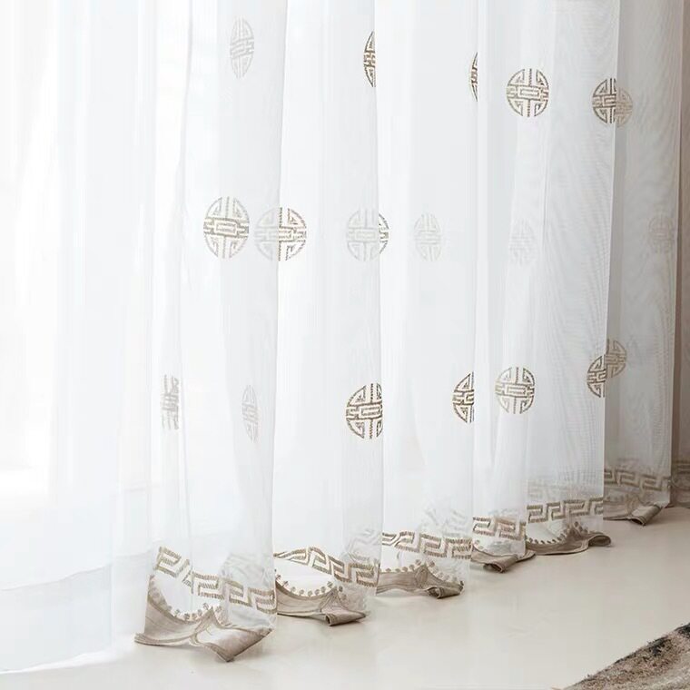 中式窗帘窗纱古韵绣花纱古典风别墅茶室吉祥图案白纱客厅书房落地
