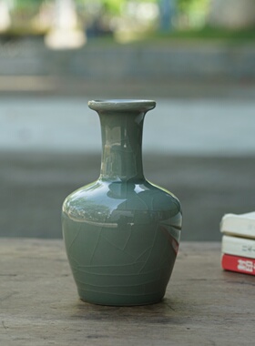 柴烧 长颈小瓶 纯手制 南窑笔记 龙泉青瓷 花器花道花瓶仿古