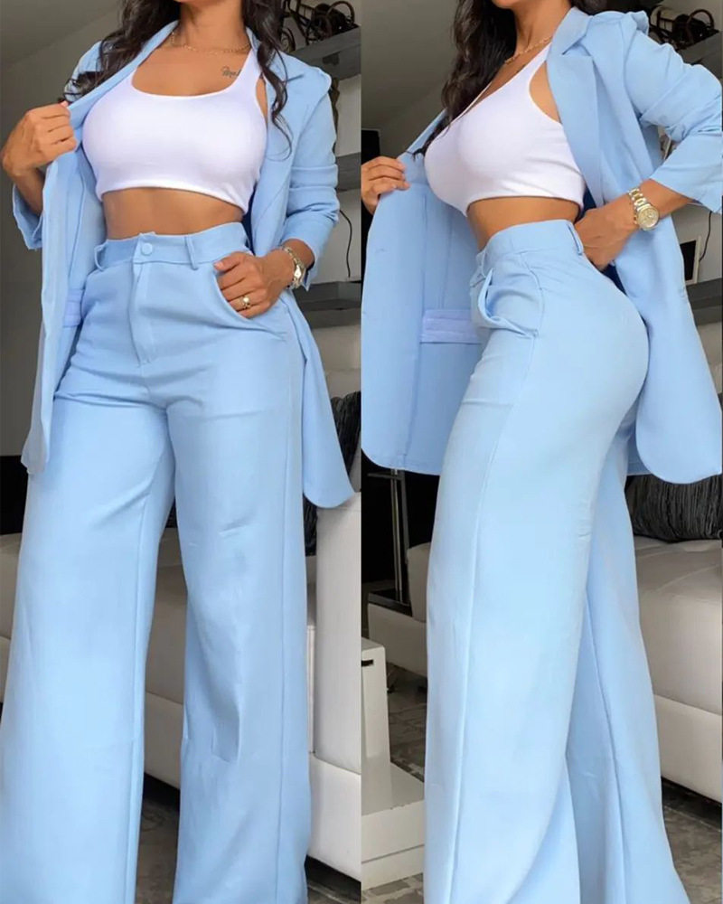 Women casual coat and pants set 2023纯色通勤翻领西装套装