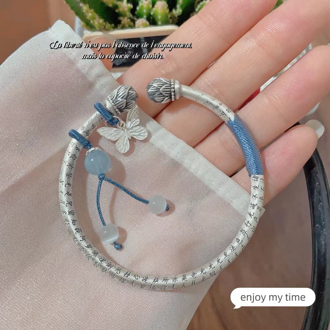纯银手镯女9999足银心经转运复古民族风开口实心圆条莲花镯子编织