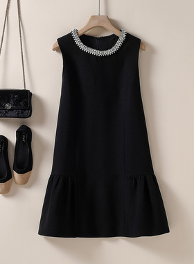 小香风毛呢背心裙重工钉珠小黑裙A字显瘦连衣裙 2025秋冬新款女装