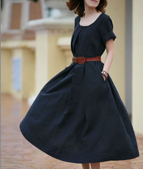 New European and American womens super long linen dress summer linen short sleeve dress belt