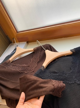 经典打底螺纹v领宽边蕾丝长袖t恤女秋冬内搭白黑咖显瘦修身贴身