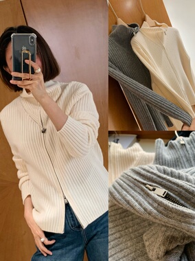 100羊毛上下双拉链简约秋冬早春纯色翻领小高领堆堆领毛衣开衫女