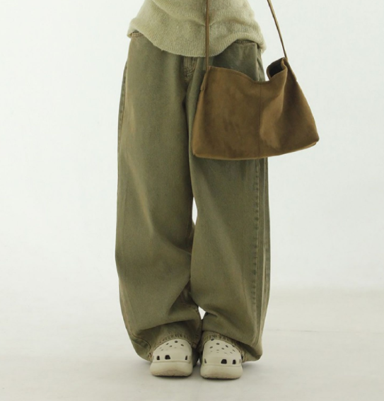 韩国代购23A/W side pleated olive wide jean 侧边捏褶牛仔裤