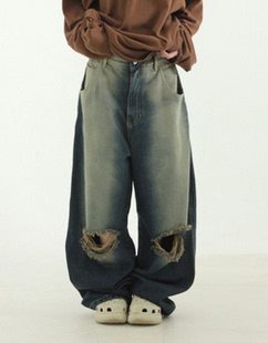 damage sandy 破洞牛仔裤 22F pants banding 韩国代购 denim