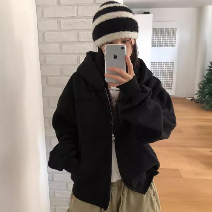 韩国代购加绒拉链帽衫男女同款