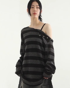 韩国代购23S/S open shoulder stripe knit 肩部按扣条纹针织衫