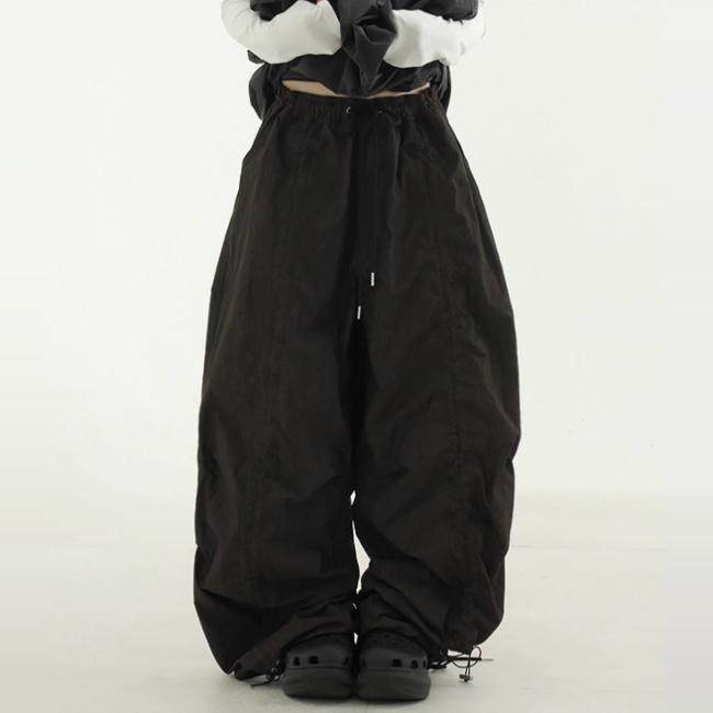 韩国代购 oversize paper shirring banding pants抽绳堆积休闲裤