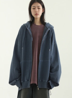 韩国代购23 oversize pigmented cotton hood zip-up做旧拉链帽衫