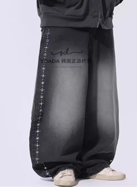 韩国代购25F/W Stud Line Balloon Denim Pants 侧边铆钉牛仔裤