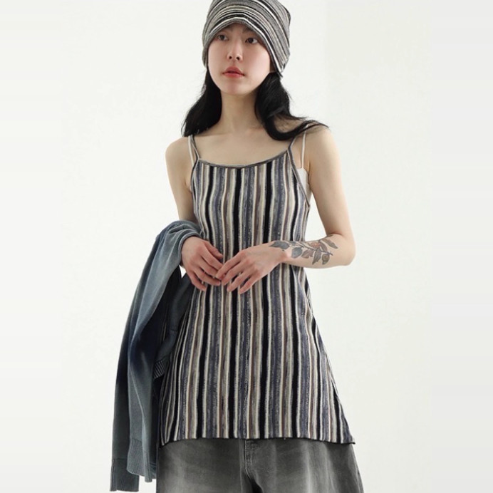 韩国代购25A/W mixed stripe sleeveless  top混色竖条纹背心