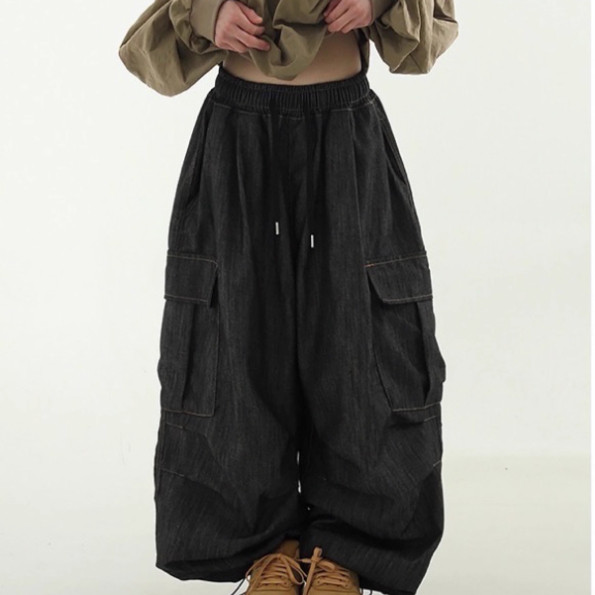 韩国代购25 organic cargo denim balloon banding pants 工装裤