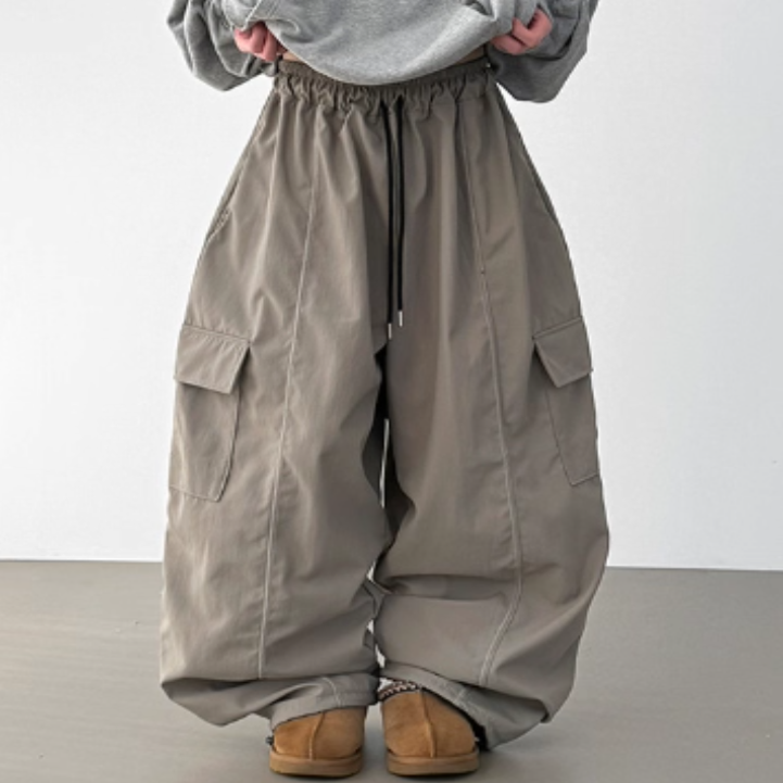 韩国代购25 napping-lined nylon cargo wide banding pants 长裤