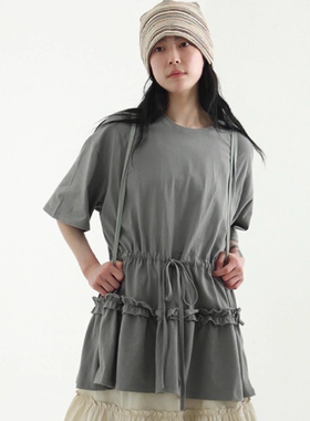 韩国代购25A/W waist string frill box half tee 抽绳T恤