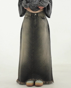 oblique brushed denim skirt水洗磨白牛仔裙 韩国代购 maxi 24S