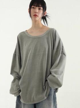 韩国代购25A/W round neck pigmented cotton tee 水洗做旧长袖