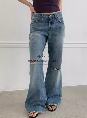 韩国代购26A/W low cuts-off bootscut jeans 膝盖破洞喇叭裤