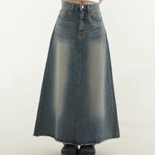 韩国代购24F/W back slit brushed denim long skirt后开叉牛仔裙