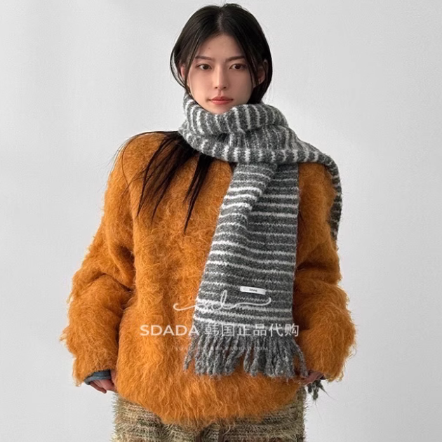 韩国代购25F/W boucle stripe tassel muffler 拼色条纹流苏围巾