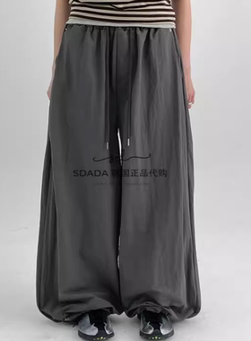 韩国代购25S/S Bagging Rivet Nylon Wide String Pants 拼接长裤