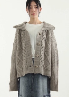 collar neck cable 韩国代购 cardigan花纹针织开衫 knit 23F