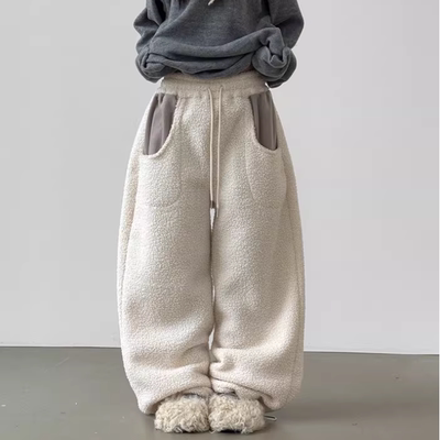 韩国代购设计师宽松毛绒长裤