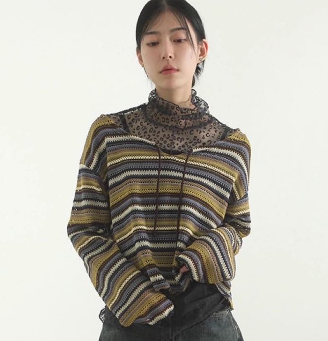 韩国代购23F/W string neck mixed stripe knit top 条纹针织衫