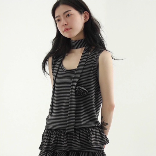 韩国代购25S/S stripe corsage muffler set top 围巾上衣组合