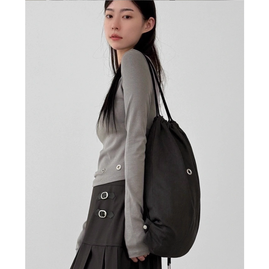 韩国代购25F/W eyelet washed cotton bucket back pack 抽绳背包