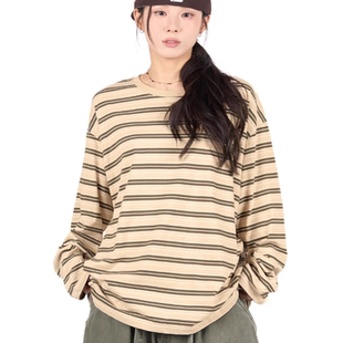 韩国代购25F/W STRIPE LONG SLEEVE 条纹宽松长袖T恤 男女同款