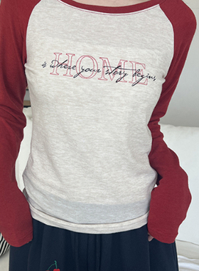 韩国代购25A/W HOME printed raglan silket tee 字母插肩长袖T恤