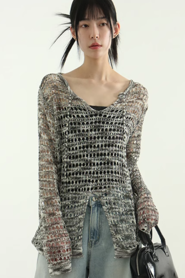 韩国代购24A/W V neck string punching knit V领网眼针织衫
