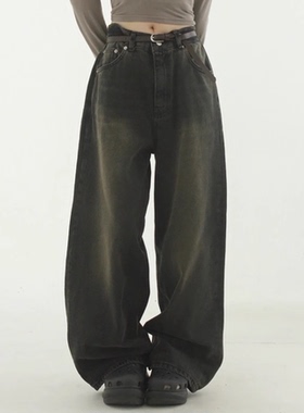 韩国代购23F/W oversize brownish wide jean 黑棕宽松牛仔裤